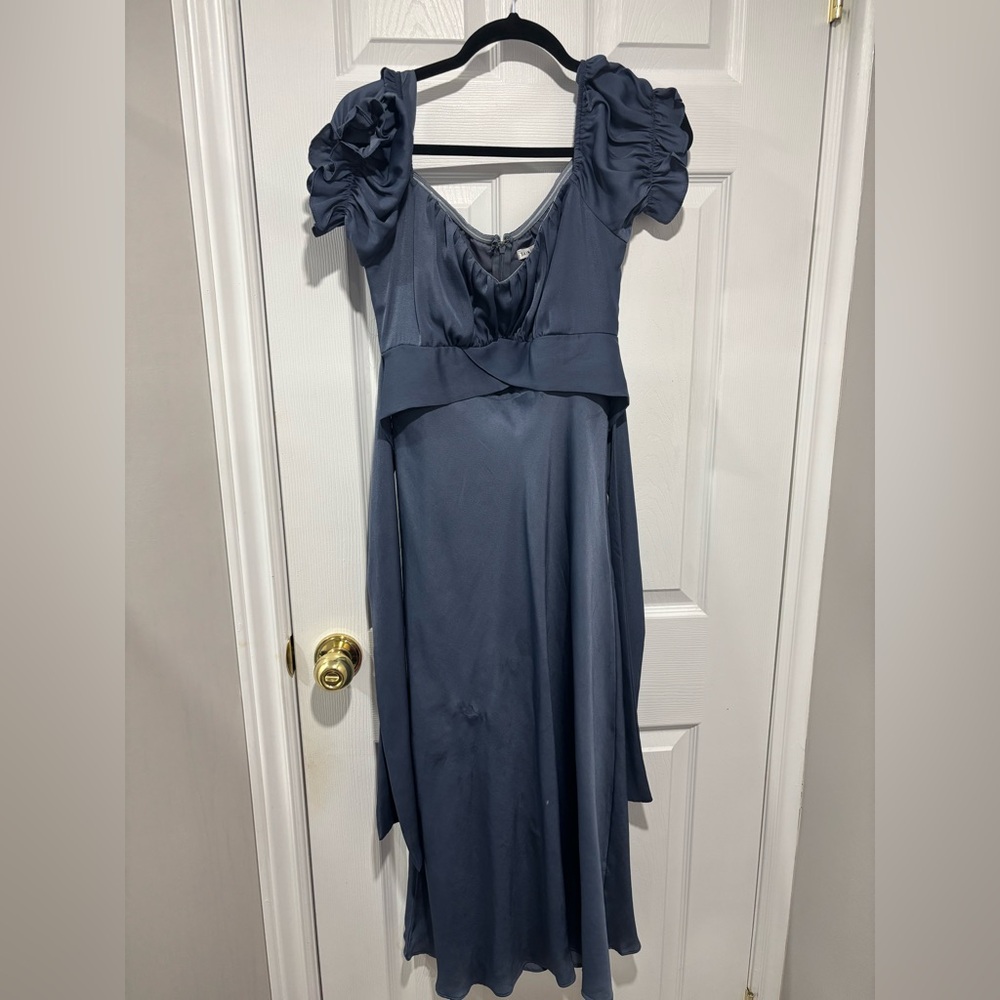 Satin Puff-sleeve Midi Dress - Blue